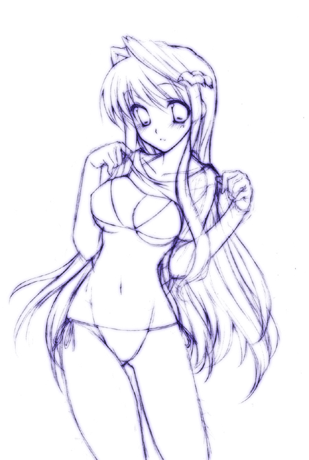 haoto luna, original, 1girl, bikini, blue theme, clothes lift, female focus, hair ornament, hairclip, long hair, monochrome, purple theme, shirt lift, side-tie bikini bottom, solo, string bikini, swimsuit, very long hair