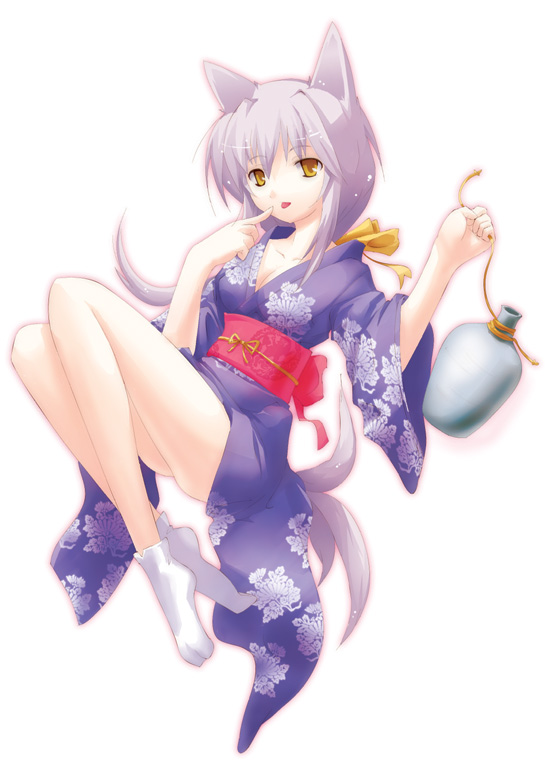dasoku sentarou, animal ears, breasts, cleavage, fox ears, full body, japanese clothes, purple hair, simple background, tabi, tail, tongue, white background, yellow eyes