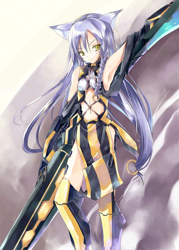 hinoto, foxbat (cannonball), cannonball ~neko neko machine mou-race!~, light purple hair, 1girl, animal ears, armpits, braid, cat ears, female focus, flat chest, loincloth, long hair, mecha musume, side braid, solo, very long hair, yellow eyes