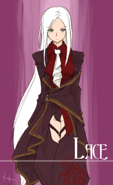 akiyama nenehisa, lace rose, ibara, 1girl, coat, female focus, green eyes, lace, long hair, necktie, signature, solo, standing, thigh strap, thighs, trench coat, very long hair, white hair