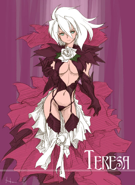 akiyama nenehisa, teresa rose, ibara, 1girl, black panties, breasts, character name, cleavage, cleavage cutout, clothing cutout, elbow gloves, female focus, flower, garter belt, gloves, green eyes, panties, rose, short hair, solo, thighhighs, underboob, underwear, white flower, white hair, white rose