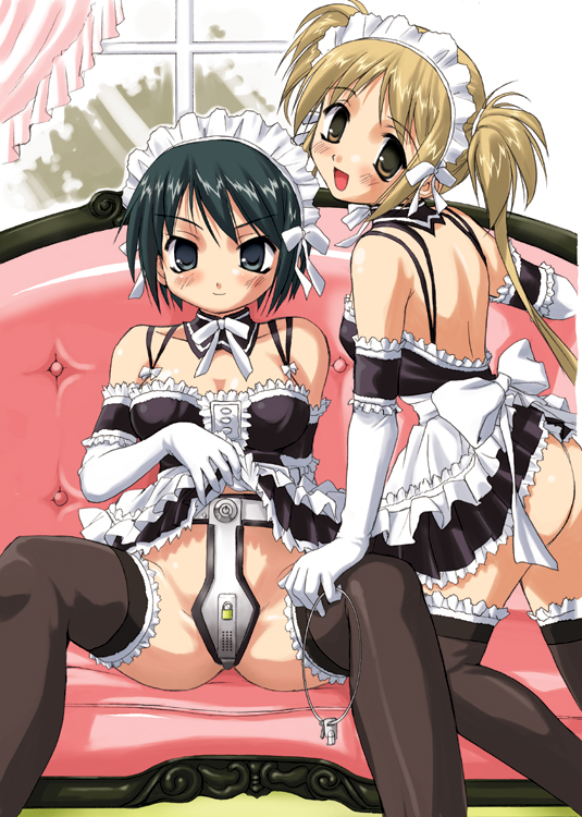 tk (takotsuboya), sawatari izumi, sawatari mitsuki, kore ga watashi no goshujin-sama, brown legwear, frilled legwear, 00s, 2girls, arm garter, ass, bare shoulders, bdsm, black hair, black thighhighs, blonde hair, blush, bonnet, bow, bowtie, breasts, brown eyes, chastity belt, clothes lift, couch, curtains, detached collar, dot nose, dress, dress lift, elbow gloves, feet out of frame, garter belt, gloves, green hair, indoors, key, lifting own clothes, long hair, looking at viewer, maid, maid headdress, medium breasts, multiple girls, nakabayashi yoshitaka's maid uniform, no bra, short hair, siblings, sisters, sitting, skirt, skirt lift, small breasts, smile, spread legs, thighhighs, twintails, upskirt, white gloves, window