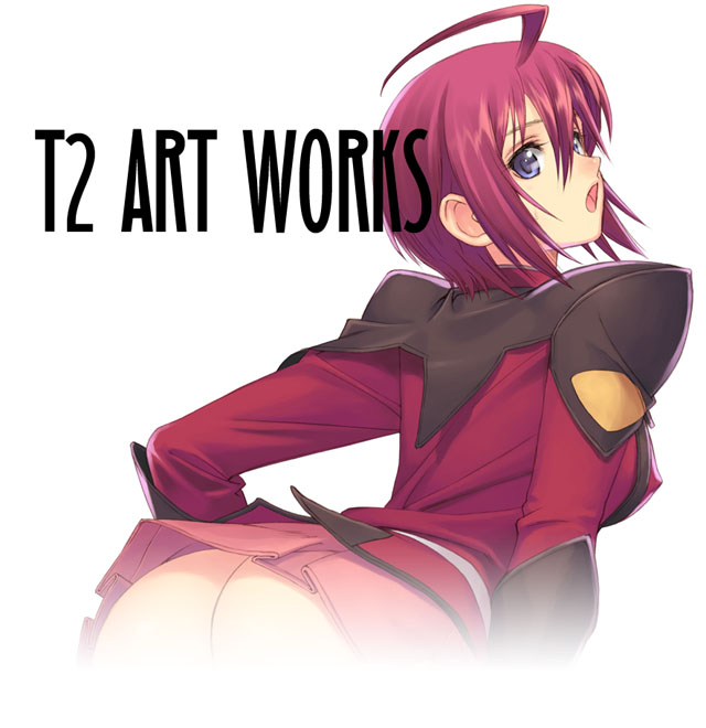 tony taka, lunamaria hawke, gundam, gundam seed, gundam seed destiny, 00s, 1girl, ahoge, ass, breasts, covered erect nipples, female focus, medium breasts, military, military uniform, open mouth, purple eyes, red hair, seed, short hair, skirt, solo, surprised