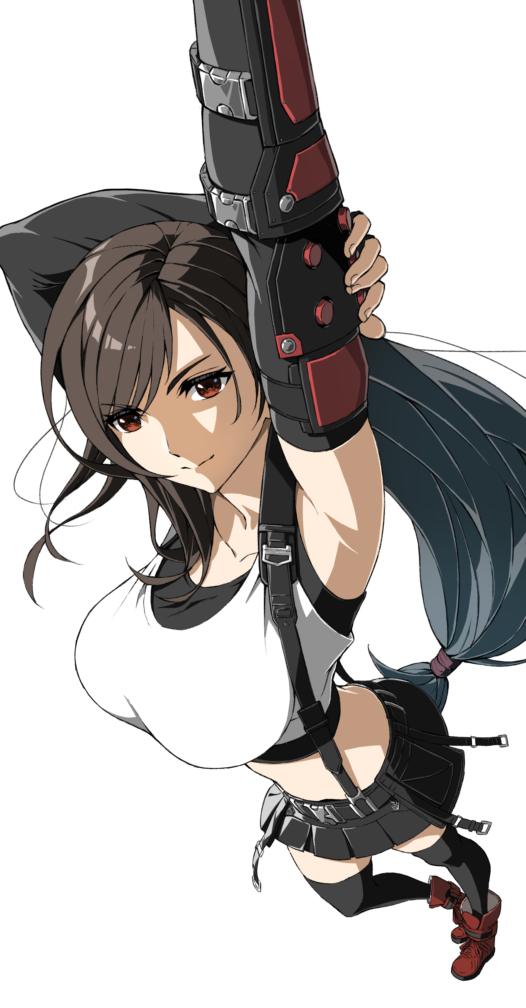 zupakyo, tifa lockhart, final fantasy, final fantasy vii, final fantasy vii remake, absurdres, commentary request, highres, 1girl, arm out of frame, armpits, arms up, birthday, black gloves, black hair, black skirt, black sports bra, black thighhighs, boots, breasts, closed mouth, collarbone, crop top, elbow gloves, fingerless gloves, from above, gloves, hand on own arm, large breasts, long hair, looking at viewer, low-tied long hair, midriff, miniskirt, outstretched arm, red boots, red eyes, single arm guard, skirt, smile, solo, sports bra, standing, suspender skirt, suspenders, swept bangs, tank top, thighhighs, white background, white tank top, zettai ryouiki