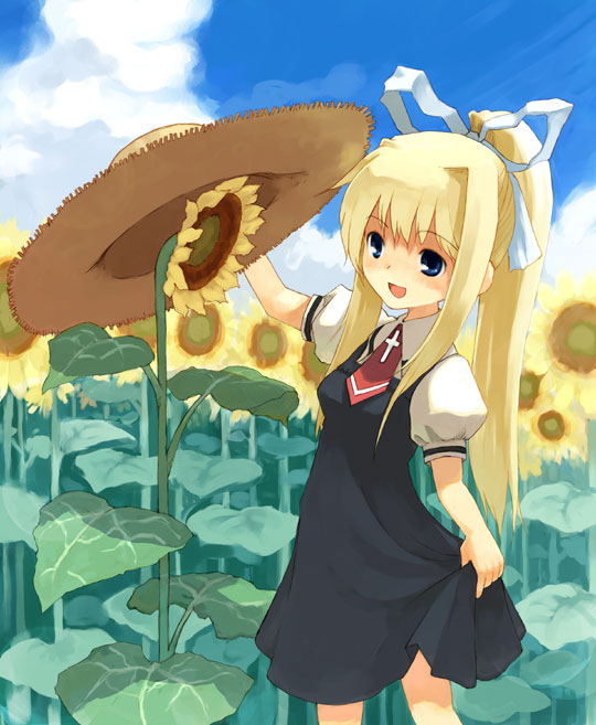 kito (sorahate), kamio misuzu, air (visual novel), 00s, blonde hair, flower, hat, long hair, ribbon, school uniform, serafuku, skirt hold, solo, straw hat, sunflower