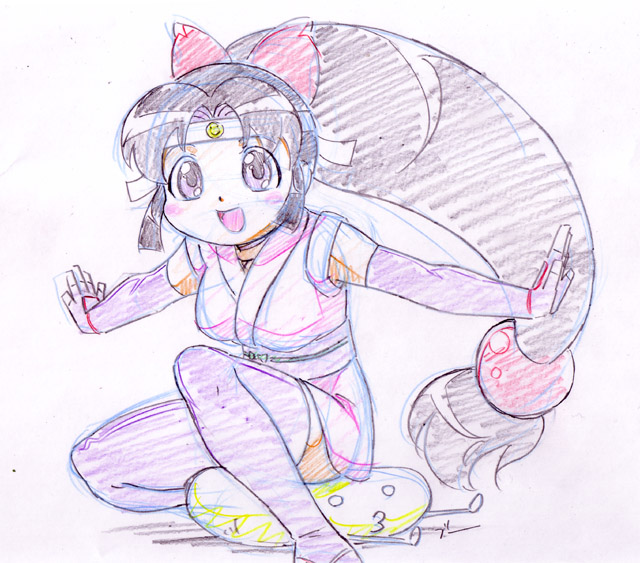 onsokumaru, shinobu (ninin ga shinobuden), ninin ga shinobuden, traditional media, 00s, 1girl, :d, blunt bangs, bow, choker, elbow gloves, female focus, fingerless gloves, fishnets, gloves, hair bow, hairband, headband, japanese clothes, kimono, long hair, low-tied long hair, miniskirt, ninja, o3o, obi, open mouth, outstretched arms, ponytail, purple thighhighs, sash, short kimono, simple background, sitting, sketch, skirt, sleeveless, sleeveless kimono, smile, smiley face, solo, spread arms, thighhighs, very long hair, white background