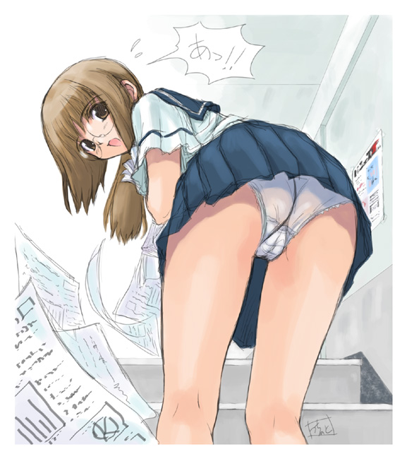 tsuchinoto, original, 1girl, ass, bent over, brown eyes, brown hair, cameltoe, female focus, glasses, lace, lace-trimmed panties, lace trim, legs, looking back, miniskirt, panties, paper, papers, pleated skirt, ponytail, school uniform, serafuku, signature, skirt, solo, stairs, standing, trefoil, underwear, upskirt, white panties
