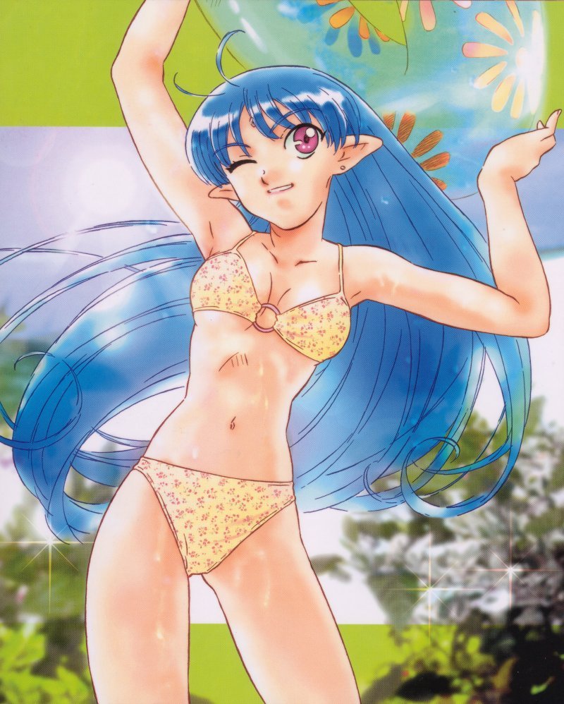 lafiel, seikai no senki, 1girl, bikini, blue hair, female focus, innertube, long hair, one eye closed, pointy ears, red eyes, solo, string bikini, swim ring, swimsuit, very long hair