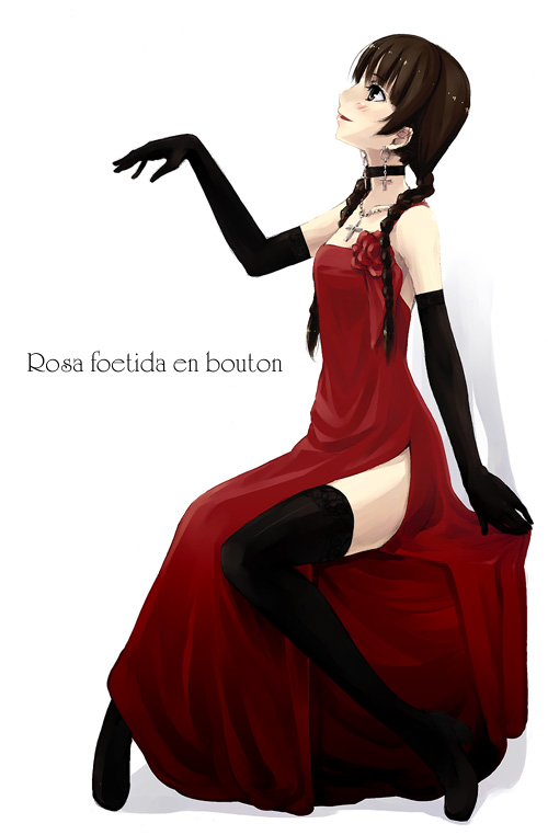 kyo (kuroichigo), shimazu yoshino, maria-sama ga miteru, 00s, 1girl, black gloves, black thighhighs, dress, elbow gloves, female focus, formal clothes, gloves, red dress, solo, thighhighs