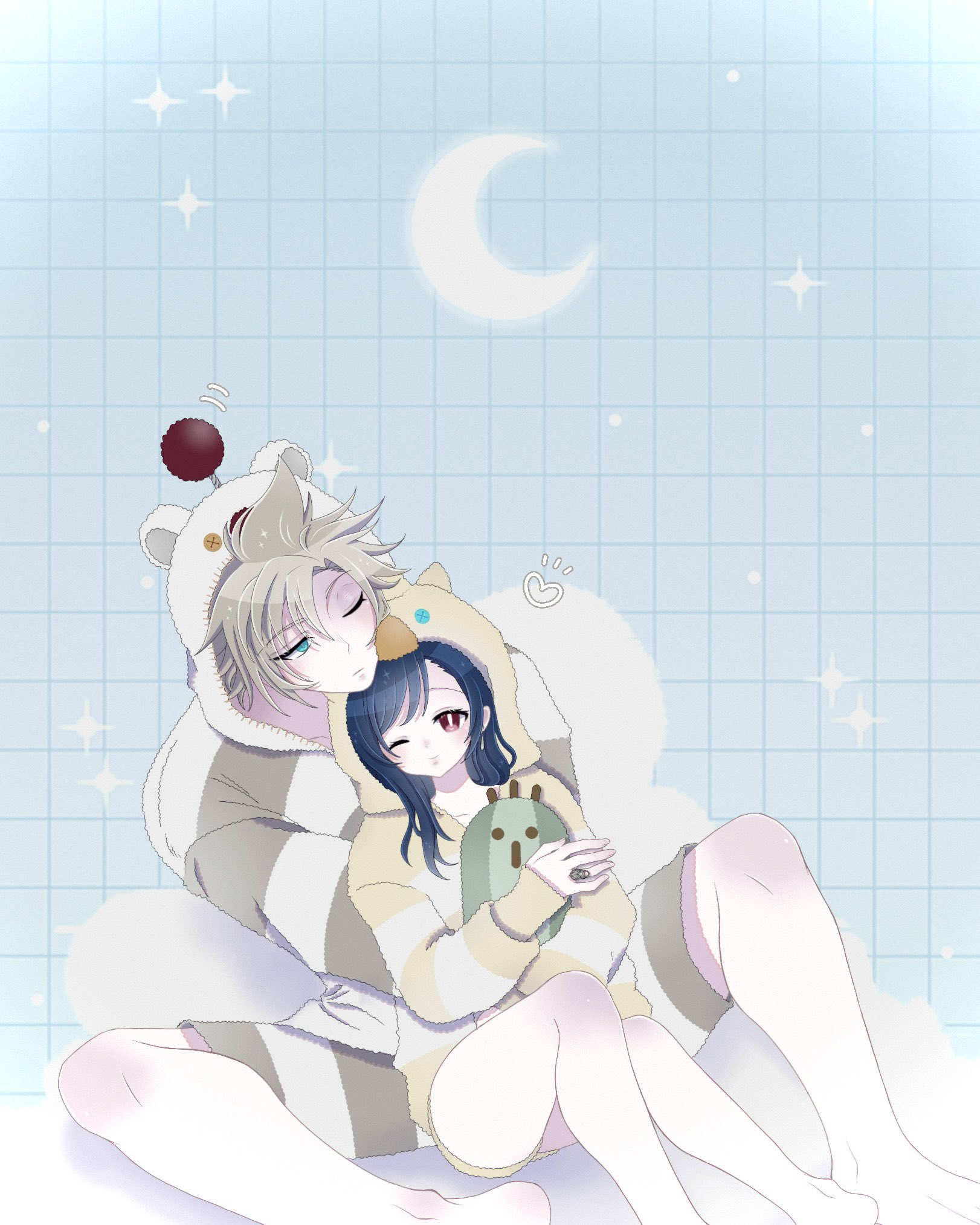 lumi 1000, chocobo, cloud strife, fenrir (final fantasy), moogle, sabotender, tifa lockhart, final fantasy, final fantasy vii, final fantasy vii advent children, commentary request, highres, 1boy, 1girl, bare legs, barefoot, black hair, blonde hair, blue eyes, checkered background, couple, crescent moon, cuddling, earrings, feet out of frame, fluffy clothes, fuzzy clothes, heads together, heart, height difference, holding, holding stuffed toy, hood, hoodie, jewelry, legs, long hair, long sleeves, moon, on lap, one eye closed, pajamas, red eyes, ring, short hair, shorts, single earring, sitting, sitting between lap, sleeves past wrists, sparkle, spiked hair, stuffed toy, swept bangs, white hoodie, white pajamas, yellow hoodie, yellow pajamas
