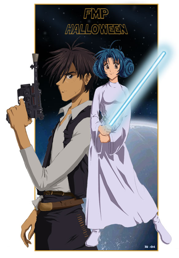 chidori kaname, han solo, harrison ford, princess leia, sagara sousuke, full metal panic!, star wars, 1boy, 1girl, blaster (star wars), cosplay, crossover, donut hair bun, double bun, energy sword, gun, hair bun, han solo (cosplay), lightsaber, parody, princess leia (cosplay), sword, weapon