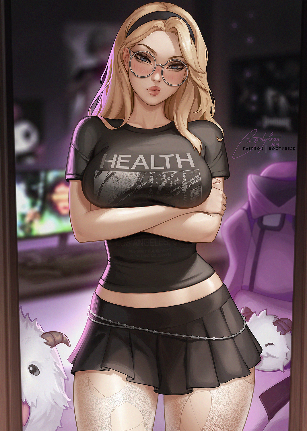 bootybear, lux (league of legends), league of legends, highres, 1girl, alternate costume, arms under breasts, blonde hair, blue eyes, blurry, blurry background, breasts, clothes writing, crossed arms, glasses, lips, long hair, looking at viewer, medium breasts, pantyhose, patreon username, pleated skirt, print shirt, round eyewear, shirt, signature, skirt, solo, torn clothes, torn pantyhose