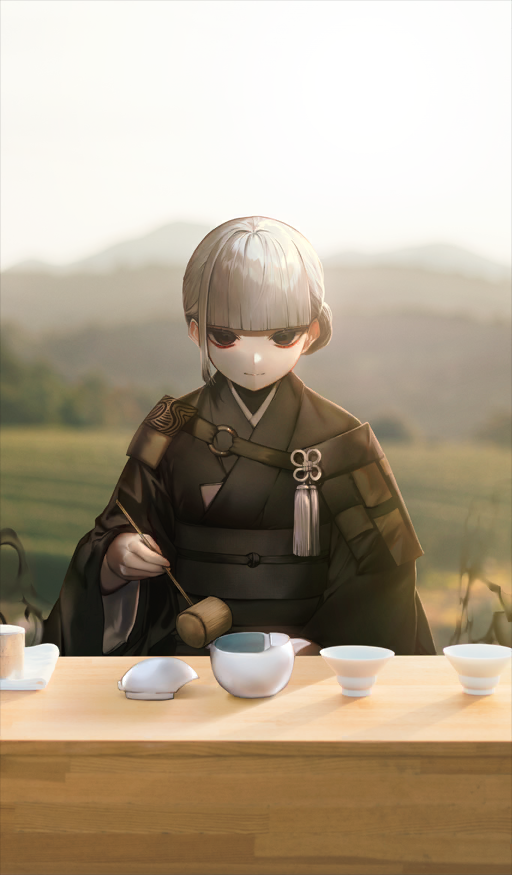 albino (a1b1n0623), sen no rikyu (fate), fate/grand order, fate (series), commentary request, game cg, official art, third-party source, 1girl, black eyes, black kimono, black sash, blunt bangs, blurry, blurry background, breasts, closed mouth, day, grey hair, holding, japanese clothes, kimono, long sleeves, looking at viewer, obi, official alternate costume, outdoors, photo background, sash, short hair, sitting, solo, tea ceremony, upper body, wide sleeves