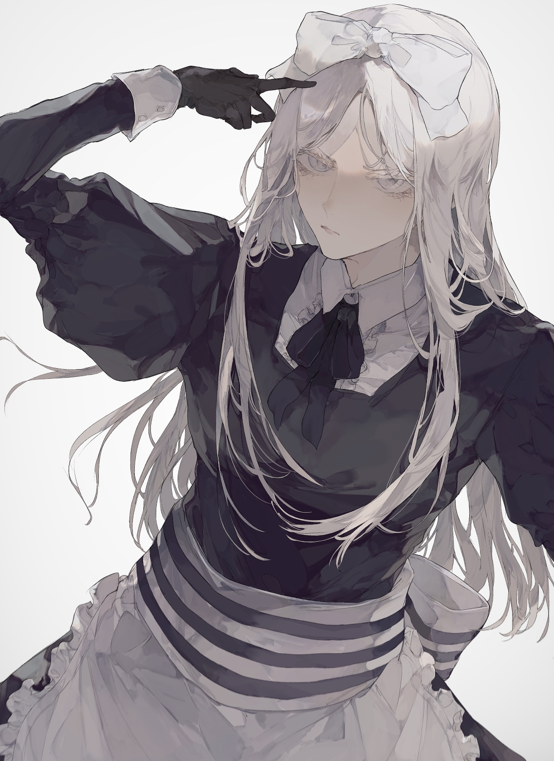 hachiware (user wwva4743), belarus (hetalia), axis powers hetalia, commentary request, highres, 1girl, apron, arm up, back bow, black dress, black gloves, black ribbon, bow, breasts, closed mouth, collared dress, cowboy shot, dress, frills, gloves, hair bow, juliet sleeves, long hair, long sleeves, looking at viewer, medium breasts, neck ribbon, parted bangs, puffy sleeves, purple eyes, ribbon, sidelocks, simple background, solo, standing, striped bow, v-shaped eyebrows, white apron, white background, white bow, white hair