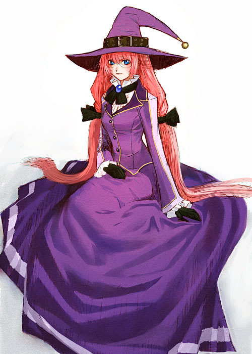 fumiko odette vanstein, alfa system, shikigami no shiro, 1girl, belt, black gloves, blue eyes, brooch, buckle, dress, female focus, glasses, gloves, gown, hair ribbon, hat, jewelry, long hair, orange hair, pink hair, red hair, ribbon, sitting, skirt, solo, tress ribbon, twintails, very long hair, witch, witch hat