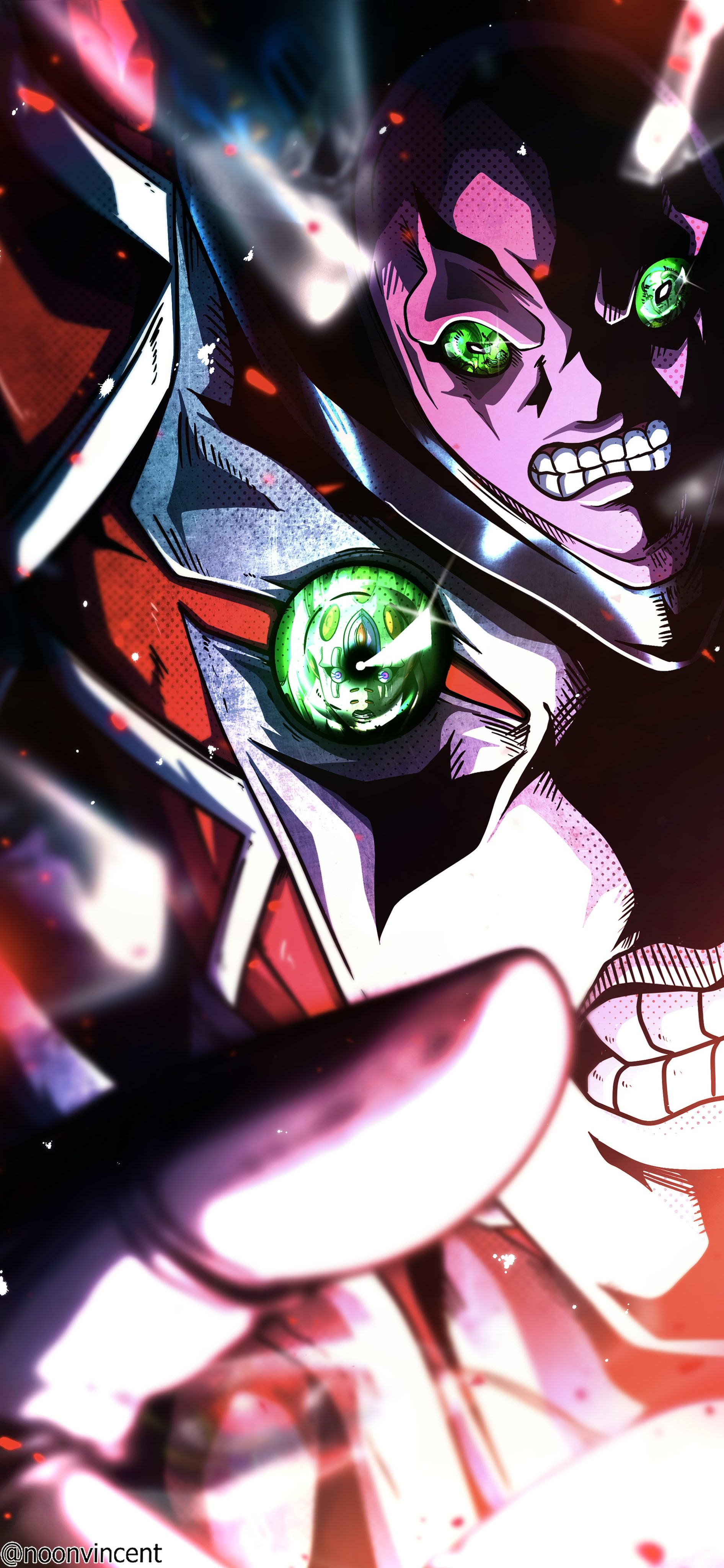 noonvincent, gold experience requiem, king crimson (stand), sex pistols (stand), spice girl (stand), stand (jojo), sticky fingers (stand), jojo no kimyou na bouken, vento aureo, absurdres, commentary, english commentary, highres, 5others, armor, broken glass, clenched teeth, colored sclera, colored skin, epitaph (jojo), eye focus, eye reflection, glass, glowing, glowing eyes, green eyes, green sclera, lips, looking at viewer, male focus, multiple others, open hand, pink skin, reflection, solo, teeth, upper body