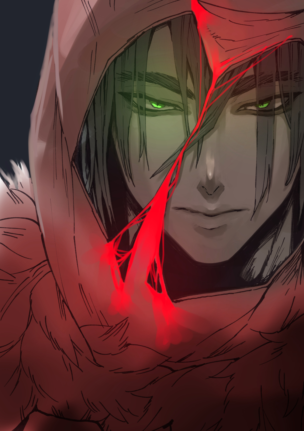 matudairaks, hero (dq1), dragon quest, dragon quest builders, commentary request, highres, 1boy, alternate design, black background, black hair, dark persona, fur trim, glowing, glowing eyes, green eyes, looking at viewer, male focus, medium hair, official alternate costume, red hood, slit pupils, solo, torn hood, upper body