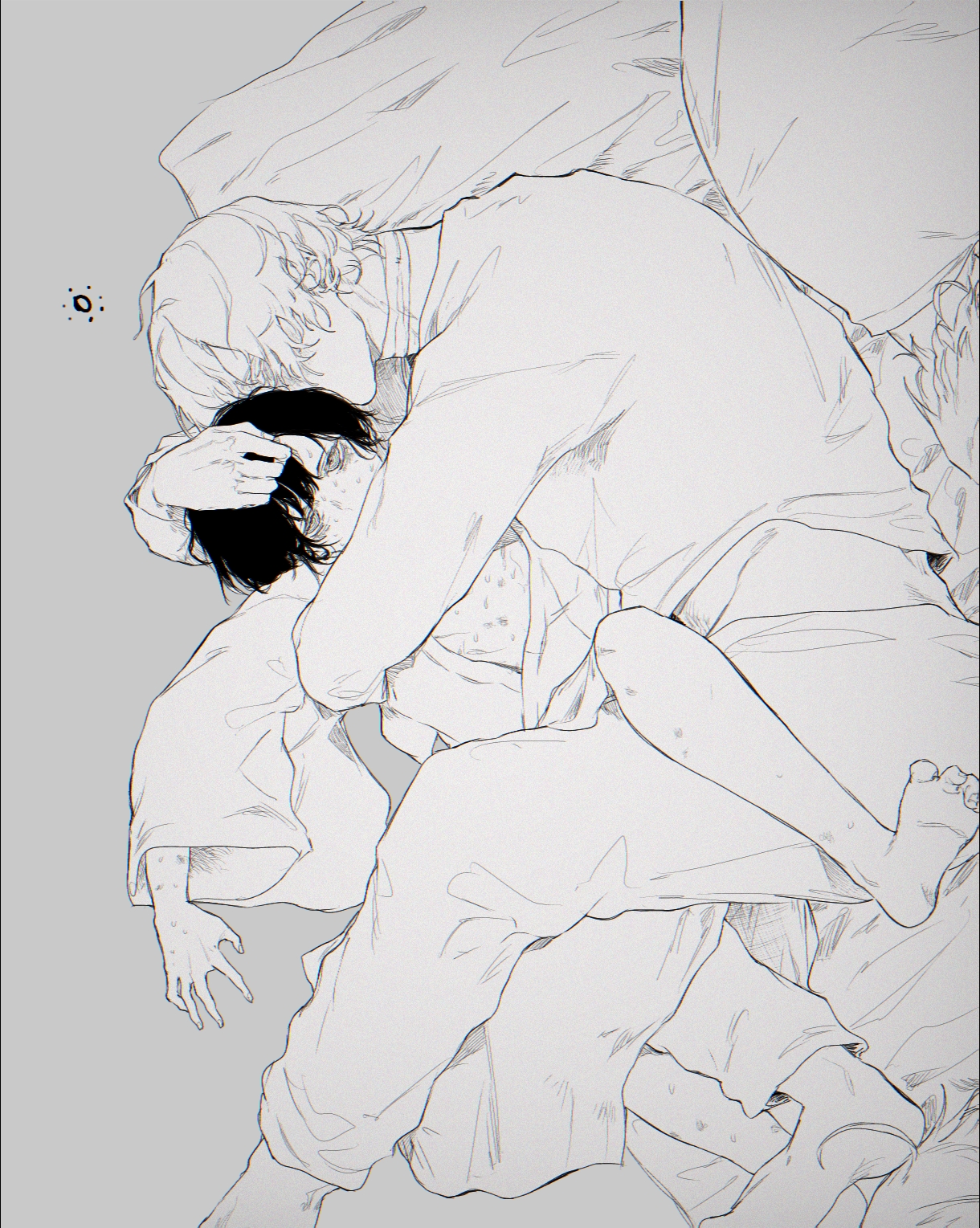 hachiware (user wwva4743), japan (hetalia), russia (hetalia), axis powers hetalia, commentary request, highres, 2boys, bandaged neck, bandages, barefoot, blanket, covered eyes, empty eyes, feet out of frame, greyscale, half-closed eyes, hand on another's head, hickey, hug, japanese clothes, kimono, long sleeves, looking at another, lying, male focus, monochrome, multiple boys, on back, on bed, on side, open clothes, open kimono, pajamas, pants, pillow, shirt, short hair, simple background, sun symbol, sweat, wide sleeves, yaoi