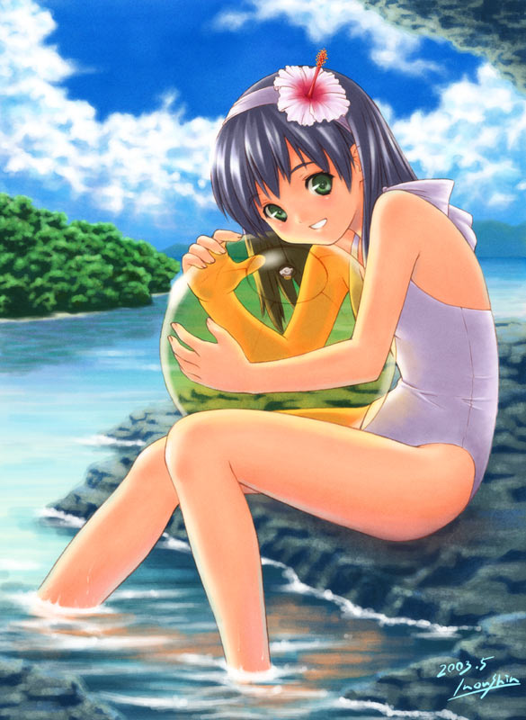 inou shin, 00s, 1girl, 2003, ball, beachball, black hair, breasts, casual one-piece swimsuit, cloud, dated, day, female focus, flower, forest, from side, full body, green eyes, grin, hair flower, hair ornament, hairband, halterneck, head rest, hibiscus, holding, hugging object, knees together feet apart, leaning forward, long hair, nature, one-piece swimsuit, outdoors, reflection, reflective water, rock, short hair, signature, sitting, sky, small breasts, smile, soaking feet, solo, swimsuit, transparent, water, white one-piece swimsuit