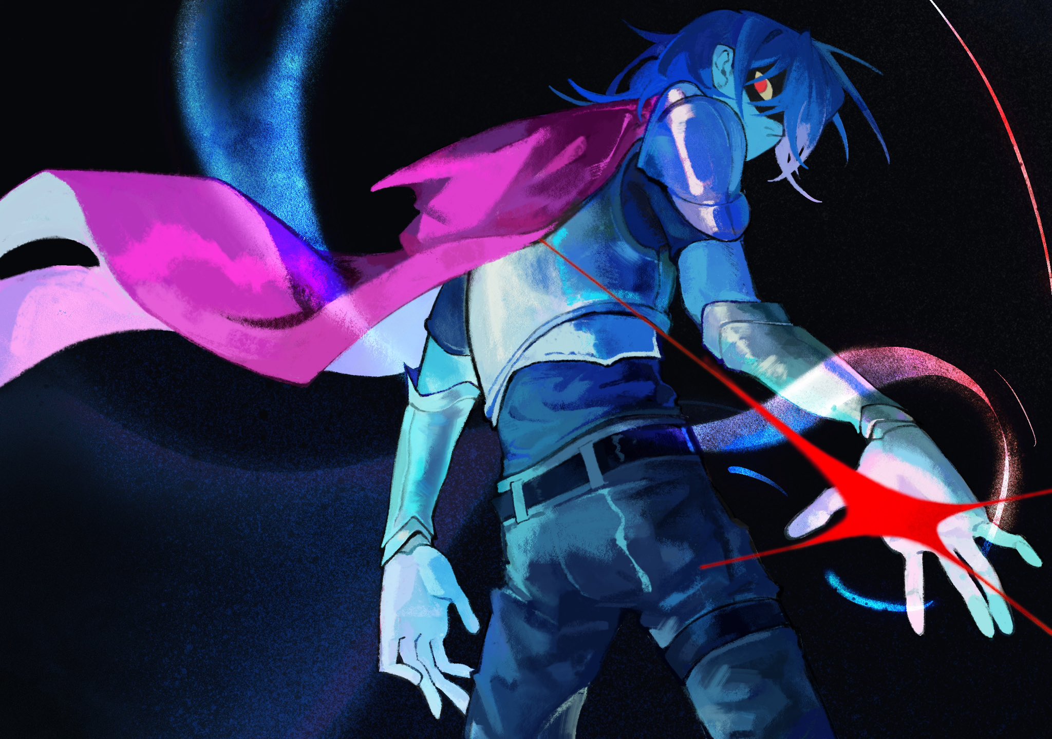 bourbonciely, kris (dark world) (deltarune), kris (deltarune), deltarune, utdr (toby fox), highres, 1other, armor, belt, black background, blue hair, blue skin, breastplate, cape, colored skin, cowboy shot, gloves, looking at viewer, looking back, other focus, pauldrons, pink cape, red eyes, short hair, shoulder armor, solo, standing, vambraces, white gloves