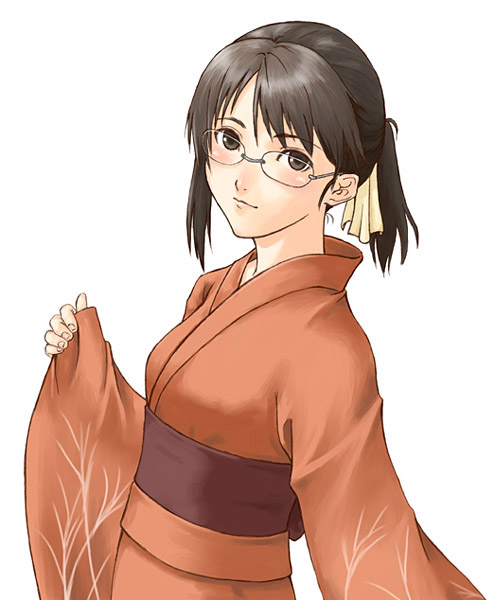 1girl, brown hair, female focus, glasses, japanese clothes, ponytail, short hair, short ponytail, solo