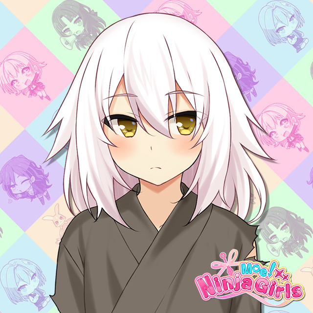 hanao akari, machiyuki ricka, mashiro (moe! ninja girls), saion-ji enju, moe! ninja girls, commentary, official art, 1girl, chibi, closed mouth, expressionless, flat chest, hair between eyes, japanese clothes, kimono, looking at viewer, petite, solo, torn clothes, white hair, yellow eyes