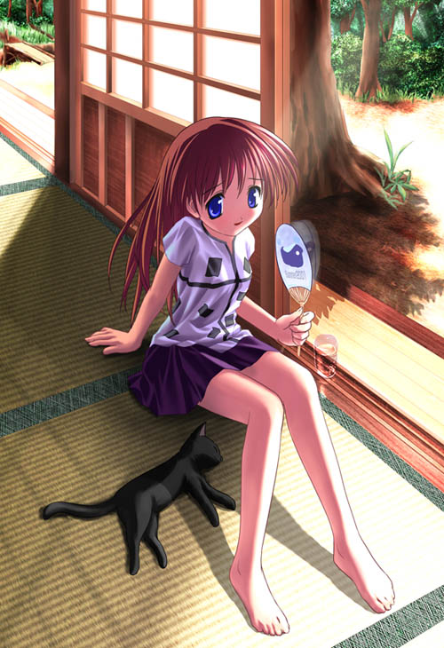 takoyaki (roast), original, 1girl, barefoot, blouse, blue eyes, brown hair, cat, drink, feet, female focus, forest, hand fan, legs up, light rays, motion blur, nature, paper fan, shirt, shouji, sitting, skirt, sliding doors, solo, sunbeam, sunlight, tatami, tree, uchiwa