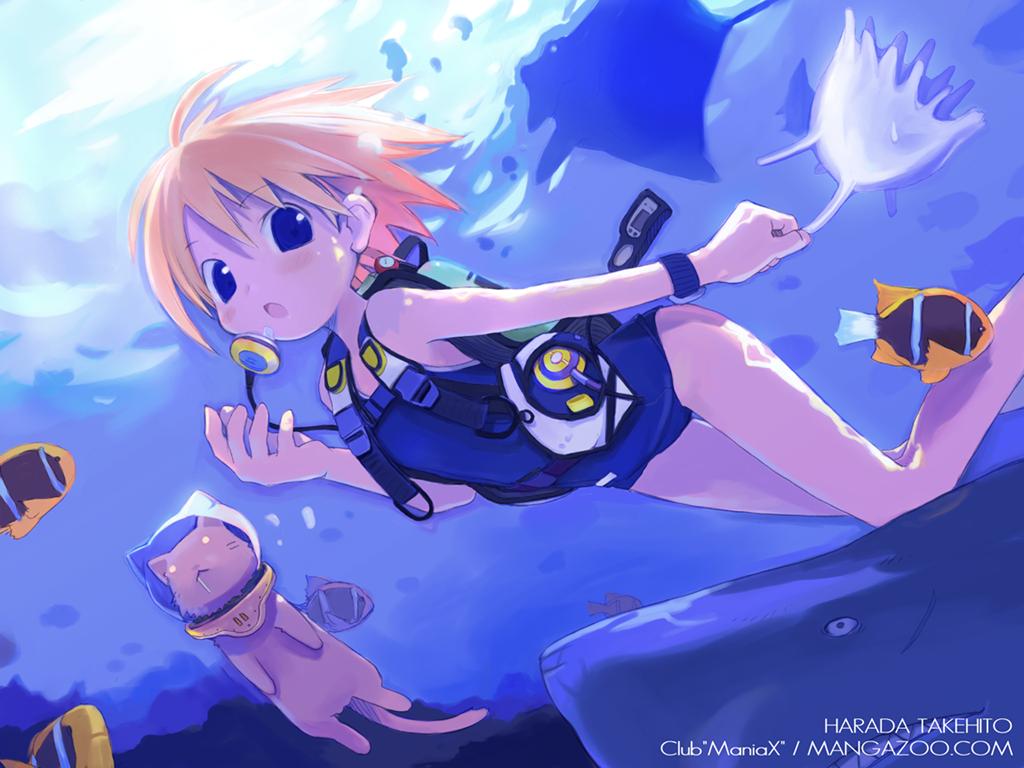 harada takehito, club maniax, :o, ahoge, blue eyes, blush, cat, child, clubmaniax, diving helmet, fish, glowing, glowing eyes, helmet, jellyfish, one-piece swimsuit, orange hair, saliva, school swimsuit, scuba, shark, short hair, solo, swimsuit, underwater, watch, wristwatch