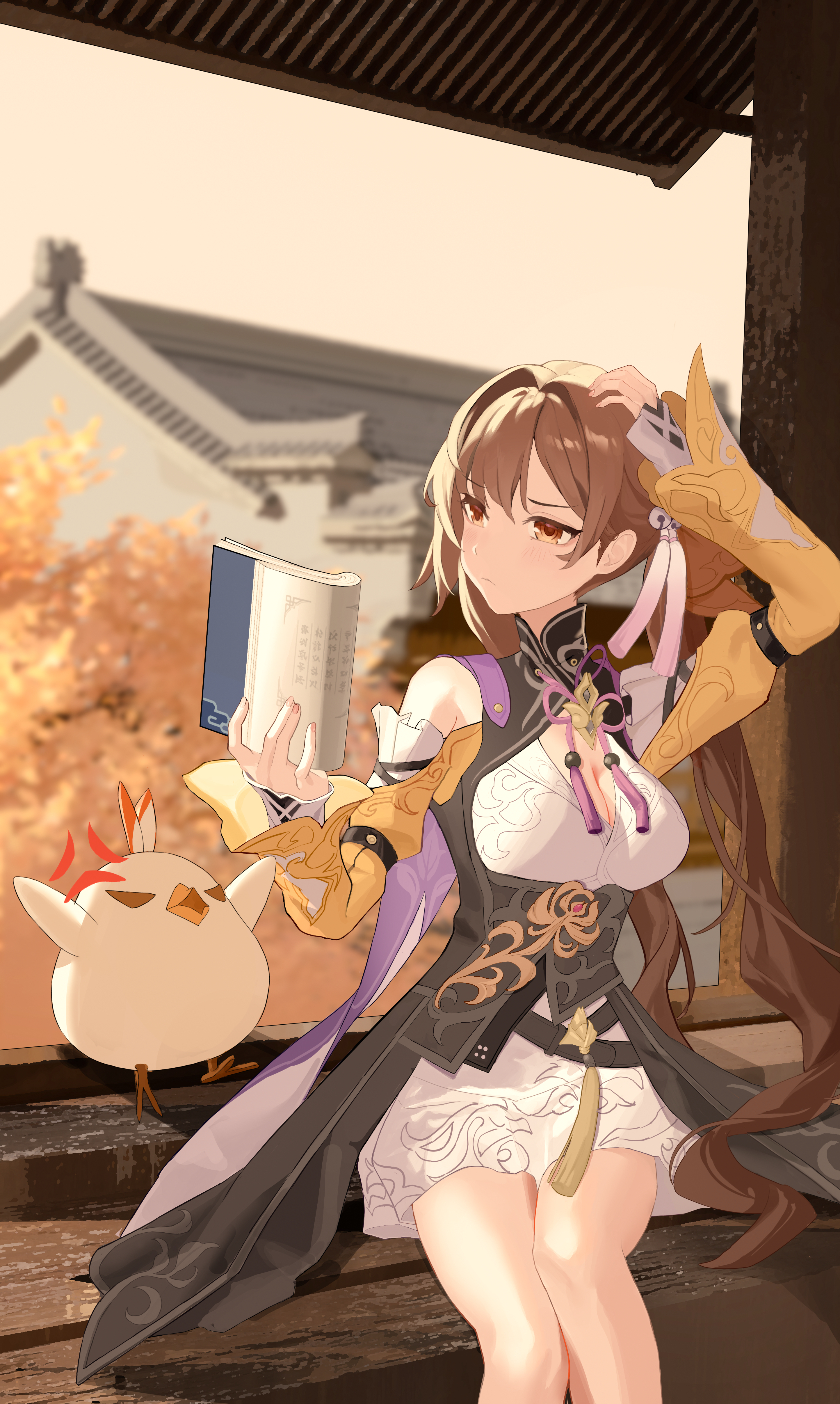 senbonsang, jingwei (bird), sushang (honkai: star rail), honkai: star rail, honkai (series), absurdres, commentary request, highres, 1girl, anger vein, architecture, arm up, bare shoulders, bell, bird, blurry, blurry background, book, breasts, brown eyes, brown hair, building, chicken, chinese clothes, cleavage, closed mouth, clothing cutout, dress, east asian architecture, feet out of frame, hair bell, hair intakes, hair ornament, hand on own head, holding, holding book, large breasts, long hair, long sleeves, looking at object, reading, scratching head, shoulder cutout, sitting, solo, studying, twintails, very long hair, white dress