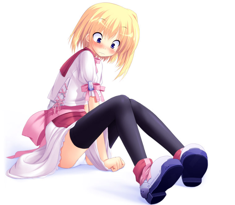 poco (asahi age), lemit mariena, eternal melody, 1girl, black thighhighs, blonde hair, blue eyes, blush, bow, dot nose, dress, dress tug, embarrassed, eyes visible through hair, female focus, nose blush, panties, pantyshot, ribbon, shoes, short hair, sitting, skirt, skirt tug, solo, thighhighs, underwear, white background, white panties