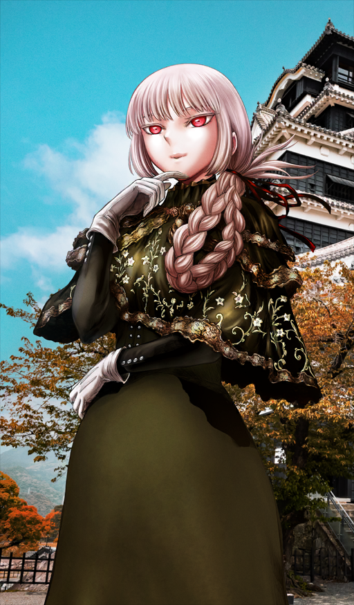 takahashi keitarou, florence nightingale (fate), fate/grand order, fate (series), commentary request, game cg, official art, third-party source, 1girl, architecture, arm across waist, blue sky, braid, closed mouth, day, dress, east asian architecture, florence nightingale (over the same sky) (fate), folded braid, gloves, green dress, green shawl, grey hair, hair over shoulder, hand on own chin, long sleeves, outdoors, photo background, red eyes, shawl, sidelocks, sky, solo, white gloves