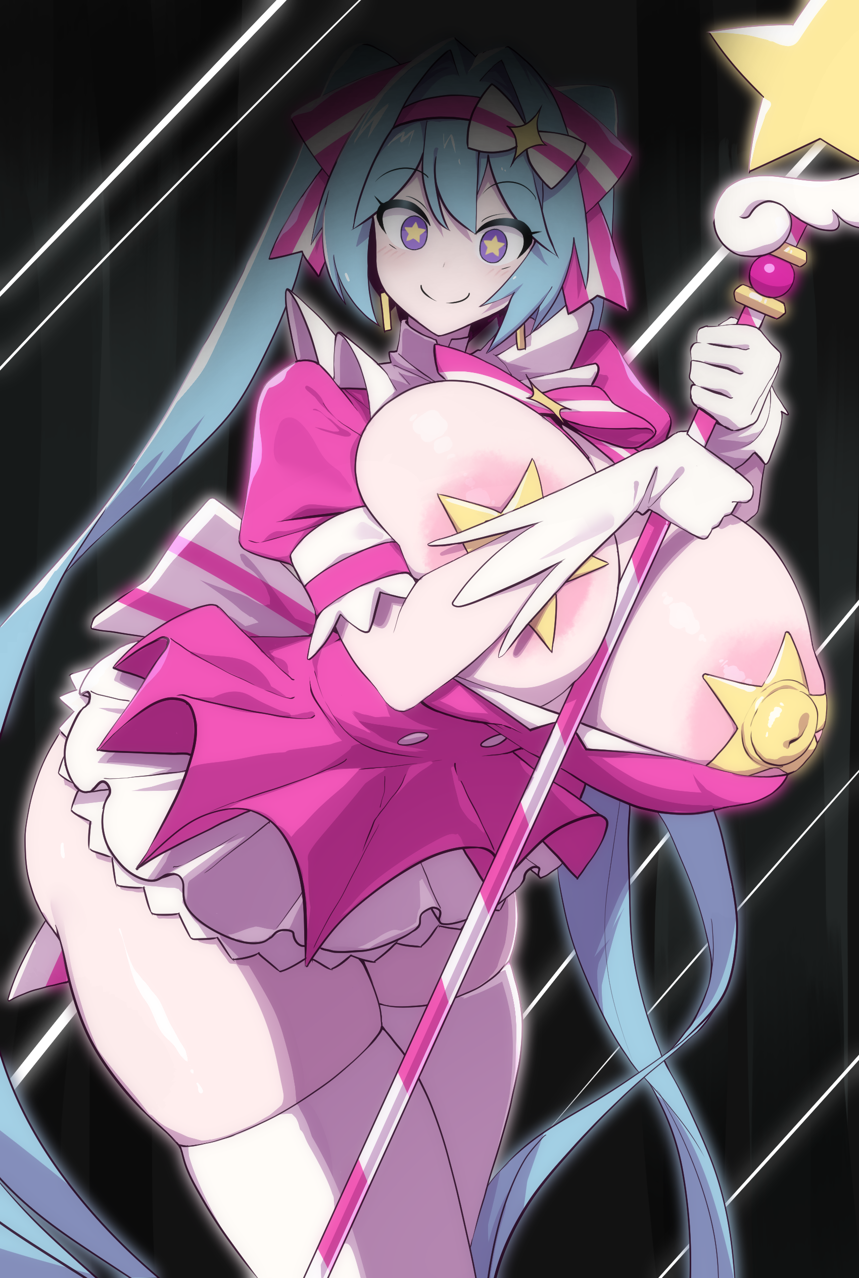 sinensian, hatsune miku, vocaloid, absurdres, commentary, highres, 1girl, alternate breast size (larger), alternate costume, aqua hair, areola slip, ass, black background, bow, bowtie, breasts, c:, cleavage, collar, colored eyelashes, covered erect nipples, cowboy shot, curvy, dark, double-parted bangs, dress, earrings, elbow gloves, frilled collar, frilled skirt, frilled sleeves, frills, gloves, hair bow, hairband, holding, holding staff, huge breasts, ima sugu rinne (vocaloid), jewelry, large areolae, light blush, long hair, looking at viewer, miniskirt, multiple hair bows, pasties, pink bow, pink bowtie, pink dress, pink hairband, plump, puffy short sleeves, puffy sleeves, purple eyes, short dress, short sleeves, sidelocks, skindentation, skirt, smile, solo, staff, star-shaped pupils, star (symbol), star ornament, star pasties, symbol-shaped pupils, thick thighs, thighhighs, thighs, twintails, unaligned breasts, underbutt, very long hair, white bow, white gloves, white thighhighs, wide-eyed