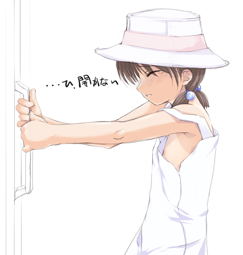 ooji, translated, 1girl, blush, breasts, closed eyes, female focus, flat chest, hair ornament, hat, loli, nipple slip, nipples, no bra, sideboob, simple background, small breasts, solo, tan, tanline, tears, twintails, upper body, white background