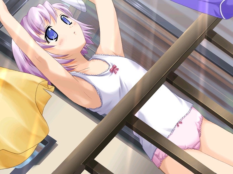 konoe nanami, lamune, game cg, 00s, 1girl, blue eyes, blush, bow, bow panties, camisole, dutch angle, female focus, flat chest, lace, lace-trimmed panties, lace trim, laundry, lingerie, outdoors, panties, pink panties, purple hair, short hair, solo, standing, underwear, underwear only