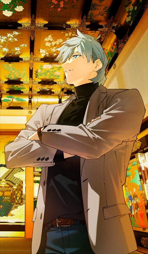 shiramine (srmn09), percival (fate), fate/grand order, fate (series), commentary request, game cg, official art, third-party source, 1boy, belt, belt buckle, black sweater, blue eyes, blue pants, brown belt, brown jacket, buckle, buttons, cowboy shot, crossed arms, denim, grey hair, indoors, jacket, jeans, lapels, long sleeves, looking up, male focus, official alternate costume, open clothes, open jacket, pants, parted lips, photo background, short hair, smile, solo, sweater, turtleneck, unbuttoned