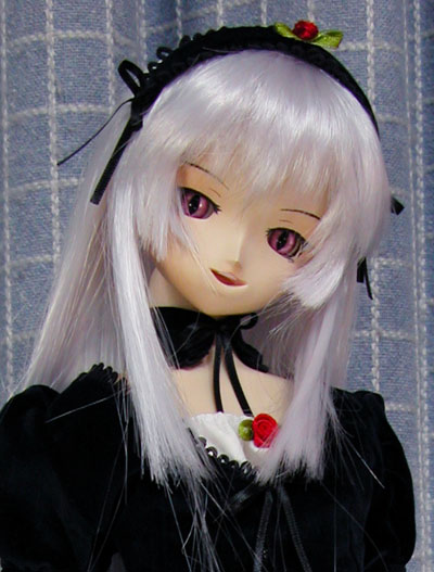 sakura color, suigintou, rozen maiden, silver hair, photo (medium), 00s, 1girl, doll, dress, female focus, hairband, long hair, open mouth, red eyes, solo, upper body