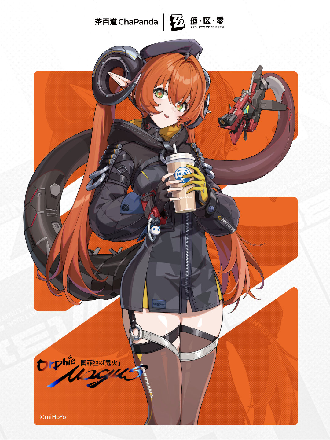 magus (zenless zone zero), orphie magnusson, zenless zone zero, highres, official art, second-party source, 1girl, :d, asymmetrical gloves, beret, black gloves, black hat, brown thighhighs, copyright name, cowboy shot, cup, drink, fingerless gloves, gloves, green eyes, hat, holding, holding cup, holding drink, horns, long sleeves, looking at viewer, mismatched gloves, open mouth, orange hair, orange pupils, pointy ears, smile, thighhighs, yellow gloves, zipper