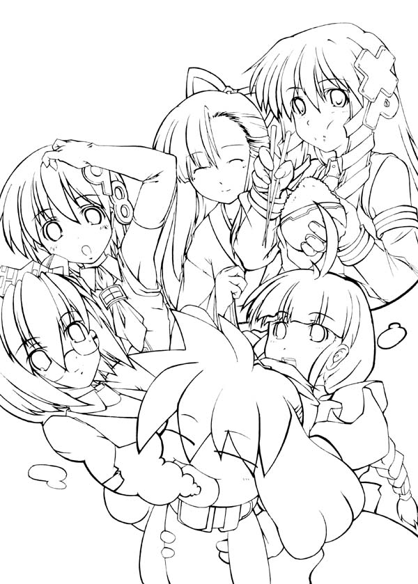 45acp, 2k-tan, 95-tan, 98-tan, inu-t, me-tan, nt-tan, xp-tan, os-tan, 6+girls, :3, = =, ahoge, apron, arm up, ascot, bow, bowl, braid, chewing, chibi, chibi inset, chopsticks, closed eyes, collar, eating, elbow gloves, everyone, food, glasses, gloves, greyscale, hair bow, hair ornament, hairclip, holding, japanese clothes, kimono, lineart, long hair, looking at viewer, monochrome, multiple girls, necktie, puffy sleeves, rice bowl, short hair, sidelocks, smile, twin braids, very long hair