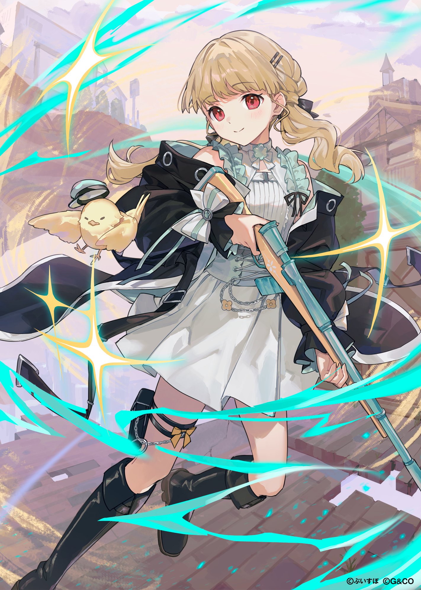 cona kinaco, kogara toto, vspo!, highres, official art, 1girl, bird, black boots, black coat, blonde hair, boots, bow, closed mouth, coat, copyright notice, dress, knee boots, long hair, long sleeves, looking at viewer, open clothes, open coat, red eyes, smile, solo, thigh strap, virtual youtuber, white bow, white dress