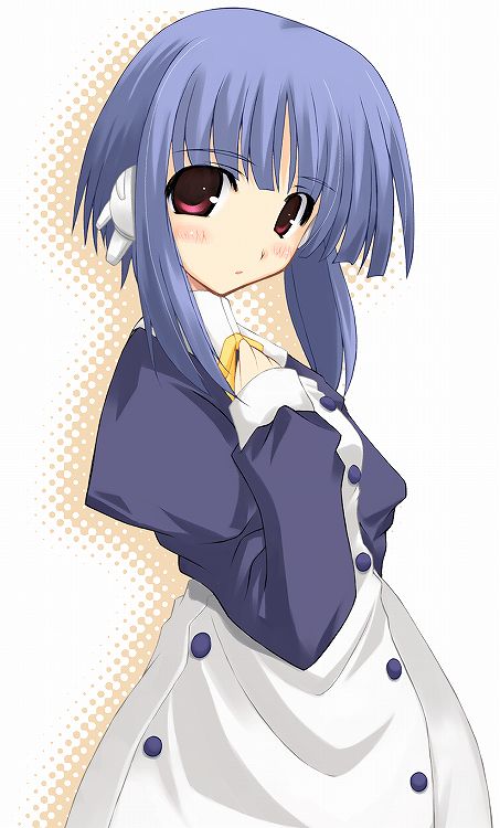 naipeta, ilfa (to heart), to heart (series), to heart 2, 00s, 1girl, blue hair, blush, dress, expressionless, female focus, red eyes, robot ears, short hair, short hair with long locks, sidelocks, simple background, solo, white background, white dress