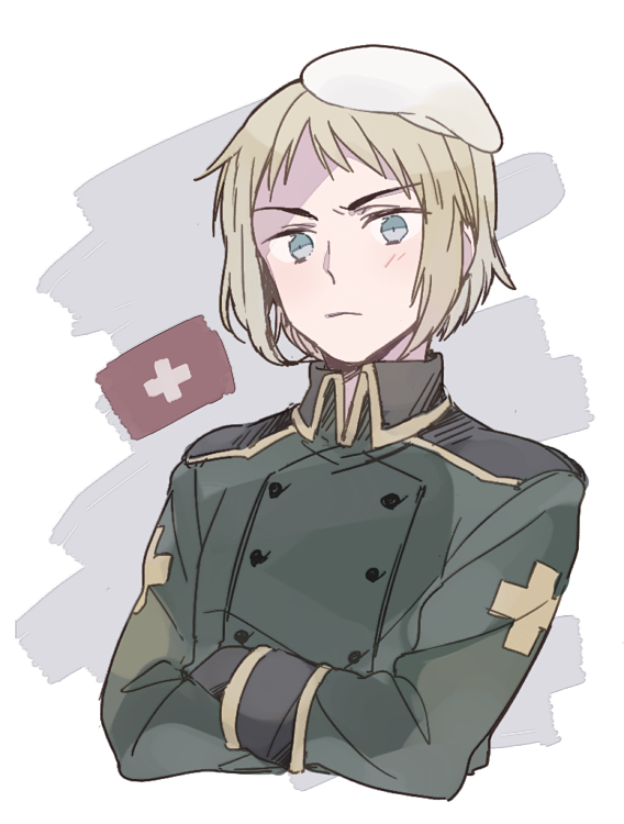 saku anna, switzerland (hetalia), axis powers hetalia, commentary request, 1boy, beret, black gloves, blonde hair, blue eyes, border, buttons, closed mouth, collared jacket, cross, cross print, crossed arms, gloves, green jacket, grey background, hat, jacket, long sleeves, looking at viewer, male focus, military hat, military jacket, military uniform, outside border, short hair, simple background, solo, swiss flag, upper body, v-shaped eyebrows, white border, white hat