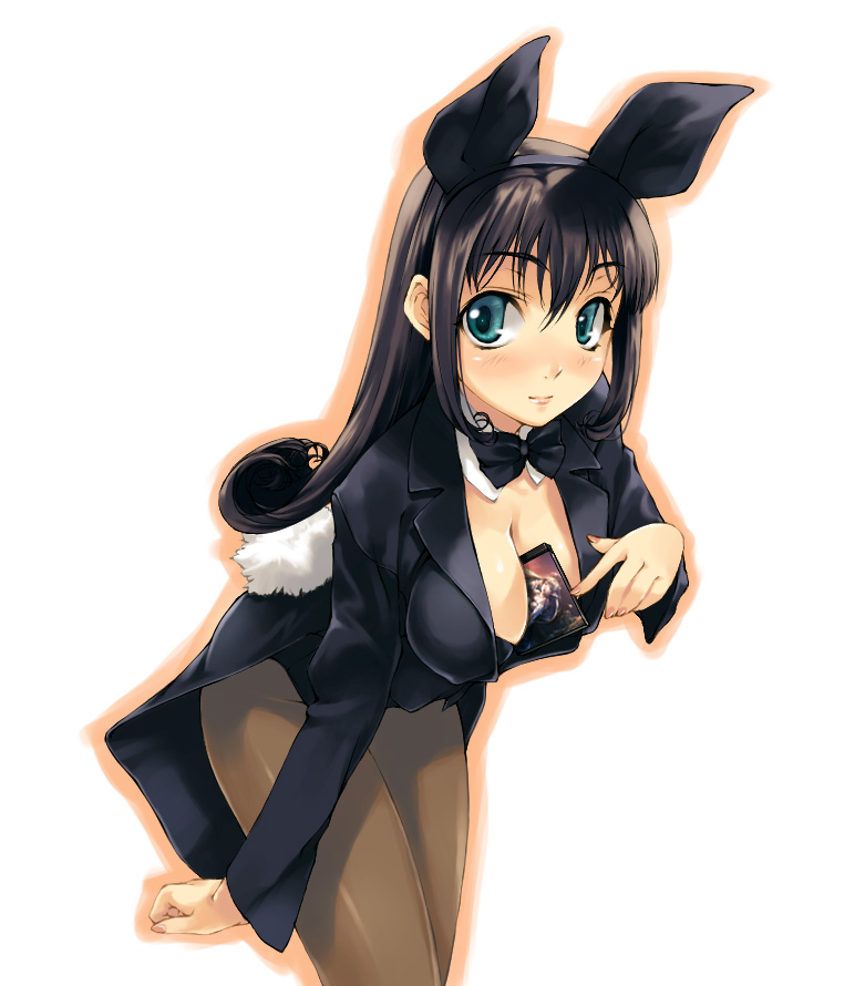 hidari (left side), simosi, original, 1girl, animal ears, between breasts, bow, bowtie, breasts, brown hair, card, card between breasts, cleavage, cowboy shot, detached collar, fake animal ears, female focus, green eyes, large breasts, leotard, long hair, pantyhose, playboy bunny, rabbit ears, rabbit tail, solo, tail, tuxedo