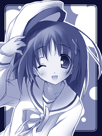 kantoku, shirakawa kotori, da capo, da capo i, lowres, 00s, 1girl, beret, blue theme, female focus, hair ornament, hairclip, hat, monochrome, one eye closed, solo, wink