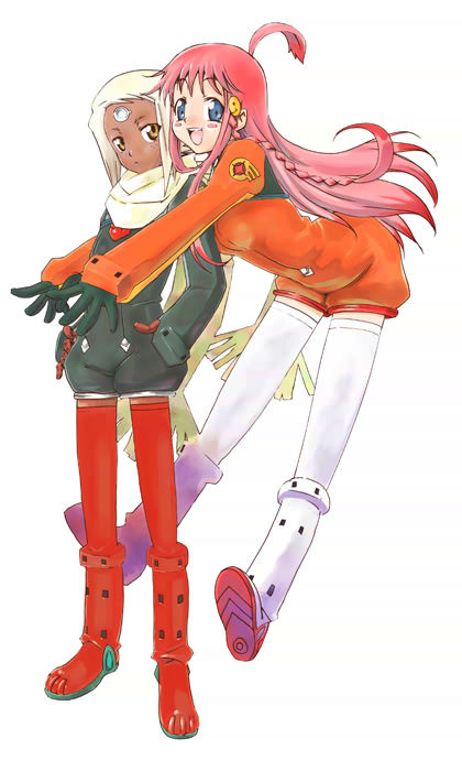 hazy vanity, lal'c mellk mal, nono (top wo nerae 2!), top wo nerae! (series), top wo nerae 2!, 00s, 2girls, ahoge, blonde hair, blue eyes, braid, dark-skinned female, dark skin, deadpan, hair ornament, hairclip, hug, hug from behind, jitome, long hair, multiple girls, pink hair, thighhighs, yellow eyes, yuri
