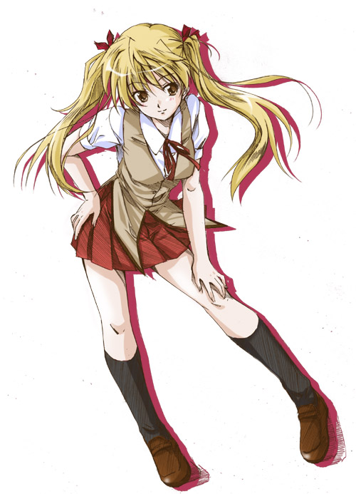 ayakaze ryuushou, sawachika eri, school rumble, 00s, 1girl, black socks, blonde hair, brown shoes, female focus, hand on own hip, hip focus, kneehighs, leaning forward, school uniform, serafuku, shoes, simple background, skirt, socks, solo, thighhighs, thighs, twintails, white background, zettai ryouiki