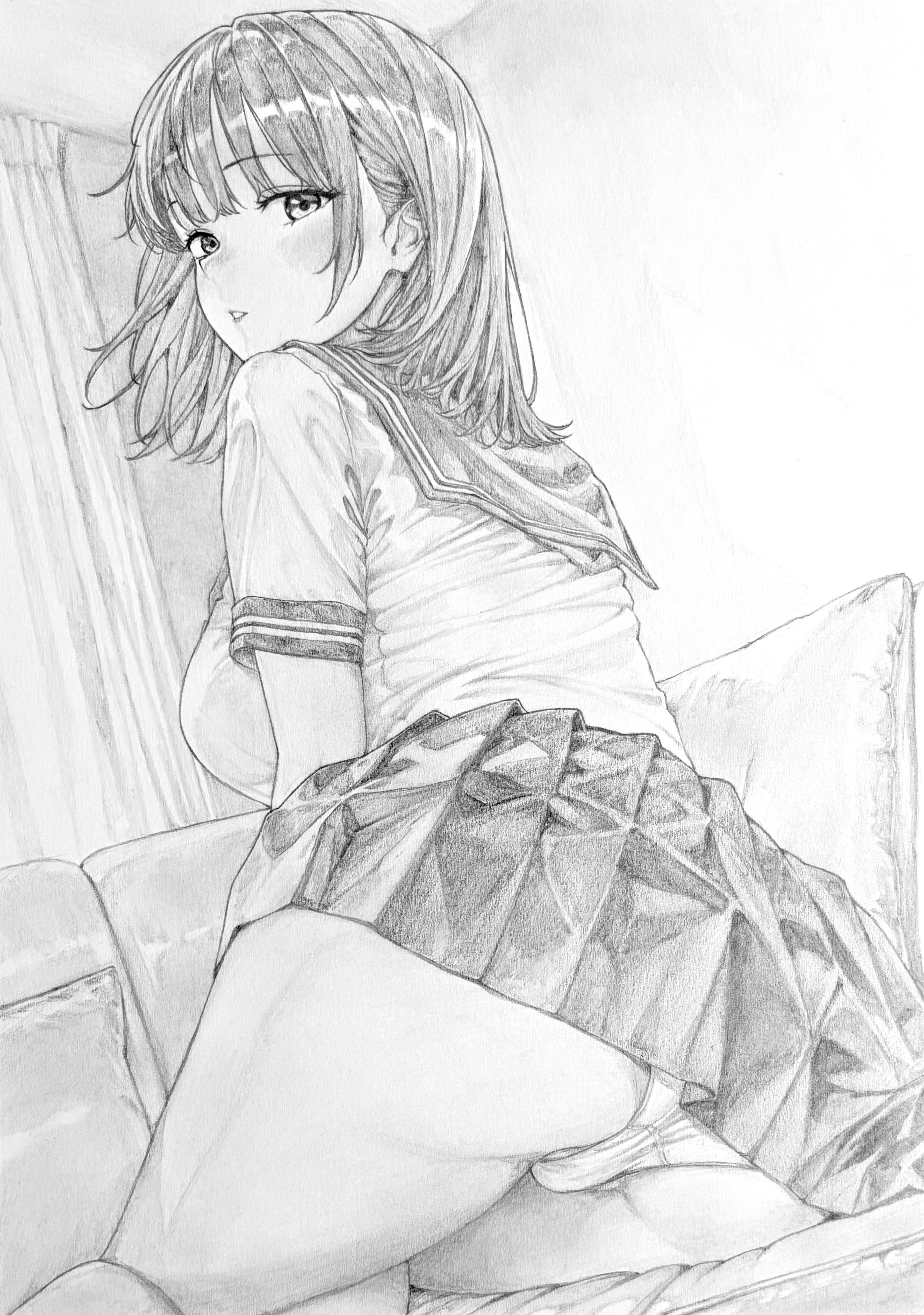 lensia, original, absurdres, commentary request, graphite (medium), highres, traditional media, 1girl, blush, breasts, choppy bangs, couch, crotch seam, eyelashes, feet out of frame, greyscale, indoors, large breasts, looking at viewer, looking back, miniskirt, monochrome, on couch, panties, parted lips, partially visible vulva, pillow, pleated skirt, sailor collar, school uniform, serafuku, shirt, short sleeves, sitting, skirt, solo, turning head, underwear, yokozuwari