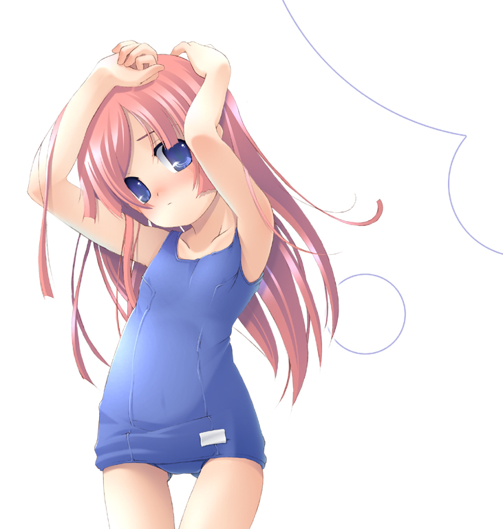 vanity doll, original, 1girl, armpits, arms up, blue eyes, blush, child, female focus, flat chest, long hair, one-piece swimsuit, pink hair, school swimsuit, solo, swimsuit, thigh gap, thighs