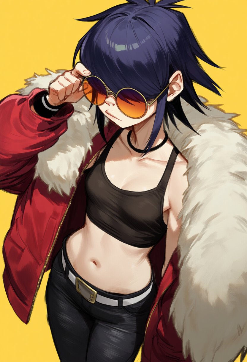 lapis slopzuli, noodle (gorillaz), gorillaz, commentary, english commentary, highres, 1girl, adjusting eyewear, armpit crease, belt, black hair, black pants, black shirt, closed mouth, cowboy shot, crop top, fur-trimmed jacket, fur trim, hair over eyes, jacket, navel, open clothes, open jacket, orange-tinted eyewear, pants, red jacket, round eyewear, shirt, short hair, sidelocks, simple background, solo, stomach, tinted eyewear, white belt, wristband, yellow background