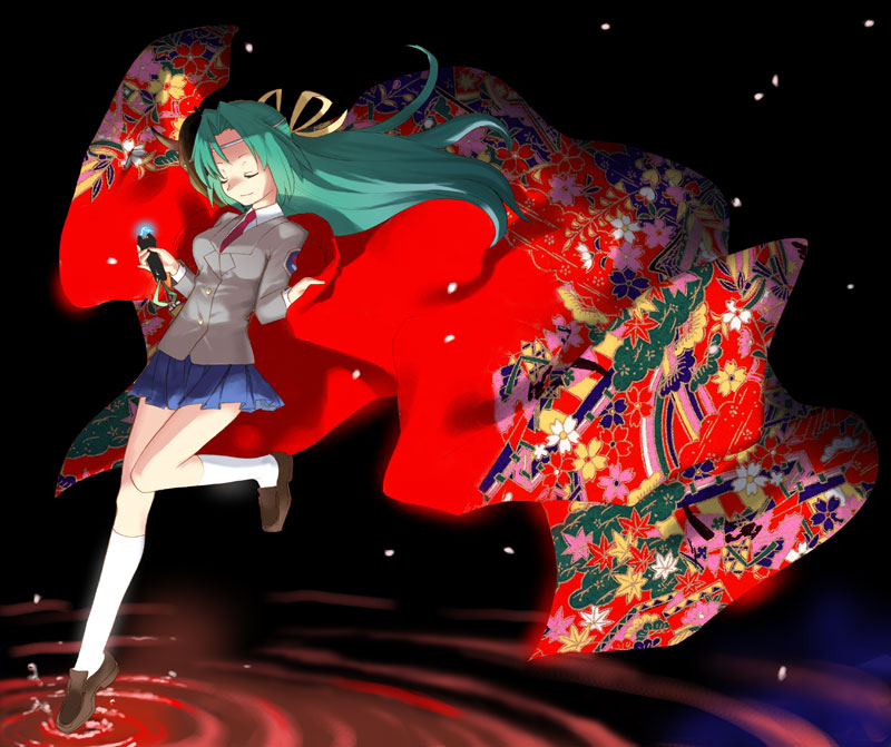 takenashi eri, sonozaki shion, higurashi no naku koro ni, 00s, 1girl, closed eyes, electricity, electroshock weapon, energy, female focus, green hair, holding, less-than-lethal weapon, long hair, school uniform, shoes, smile, socks, solo, standing, standing on one leg, stun gun, water