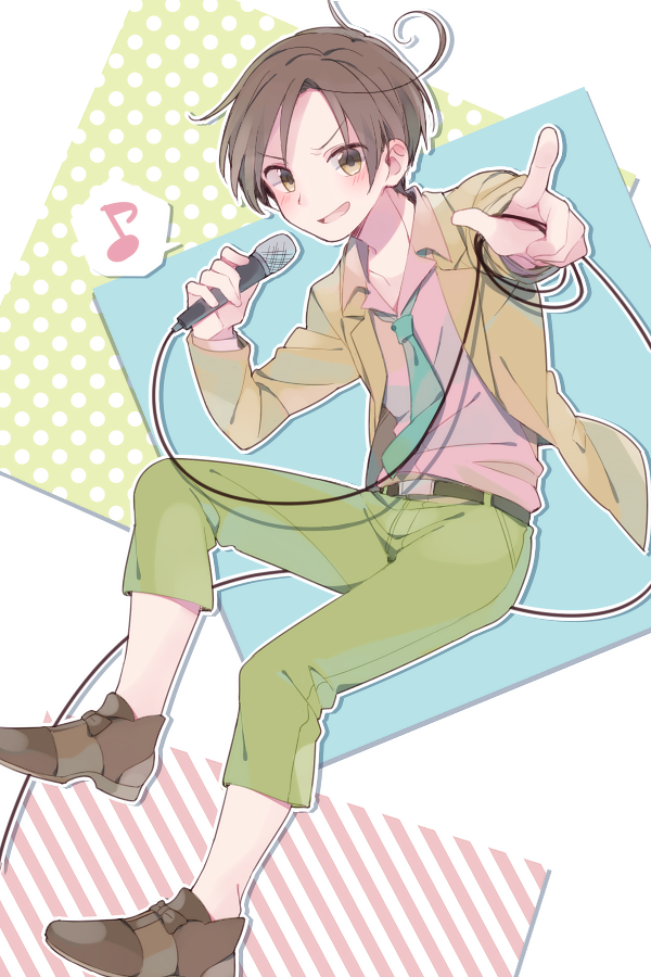 saku anna, southern italy (hetalia), axis powers hetalia, commentary request, 1boy, ahoge, belt, black belt, blue background, blue necktie, blush, bow, brown bow, brown hair, brown jacket, brown shoes, collared shirt, colorful background, full body, green background, green pants, hands up, holding, holding microphone, jacket, lapels, long sleeves, male focus, microphone, music, musical note, necktie, open clothes, open jacket, open mouth, pants, pink background, pink shirt, pointing, pointing at viewer, polka dot, polka dot background, shadow, shirt, shoes, short hair, singing, smile, solo, speech bubble, spoken musical note, standing, standing on one leg, striped background, v-shaped eyebrows, white background, yellow eyes
